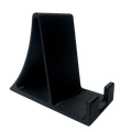 Angled view of black display stand for framed wall art