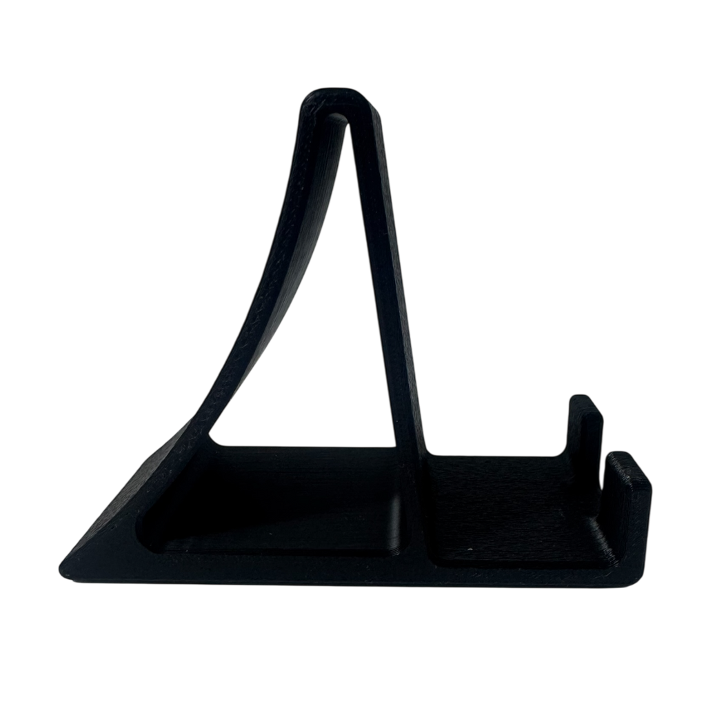 Side view of black display stand for framed wall art