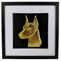 Front view of a gold doberman relief portrait in a square black frame with wide white mount and black inner surround.