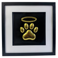 Framed dog paw print with halo memorial 3d wall art framed in gold leaf on black background