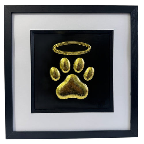 Framed dog paw print with halo memorial 3d wall art framed in gold leaf on black background