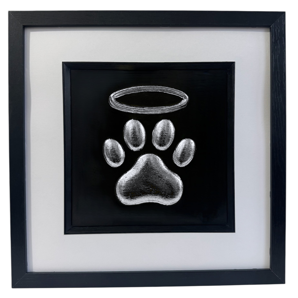 Silver leaf dog paw print with halo memorial artwork in black frame