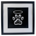 Silver leaf dog paw print with halo memorial artwork in black frame