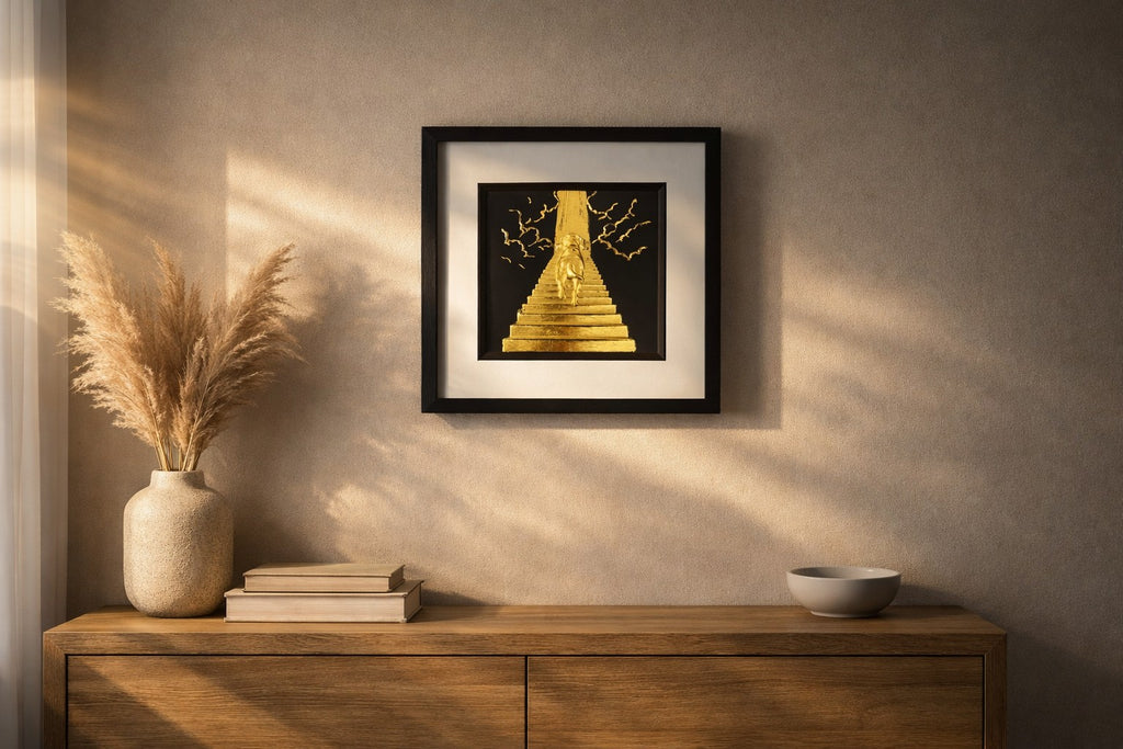 gold dog stairway to heaven dog loss gift wall art on modern living room wall above wooden sideboard
