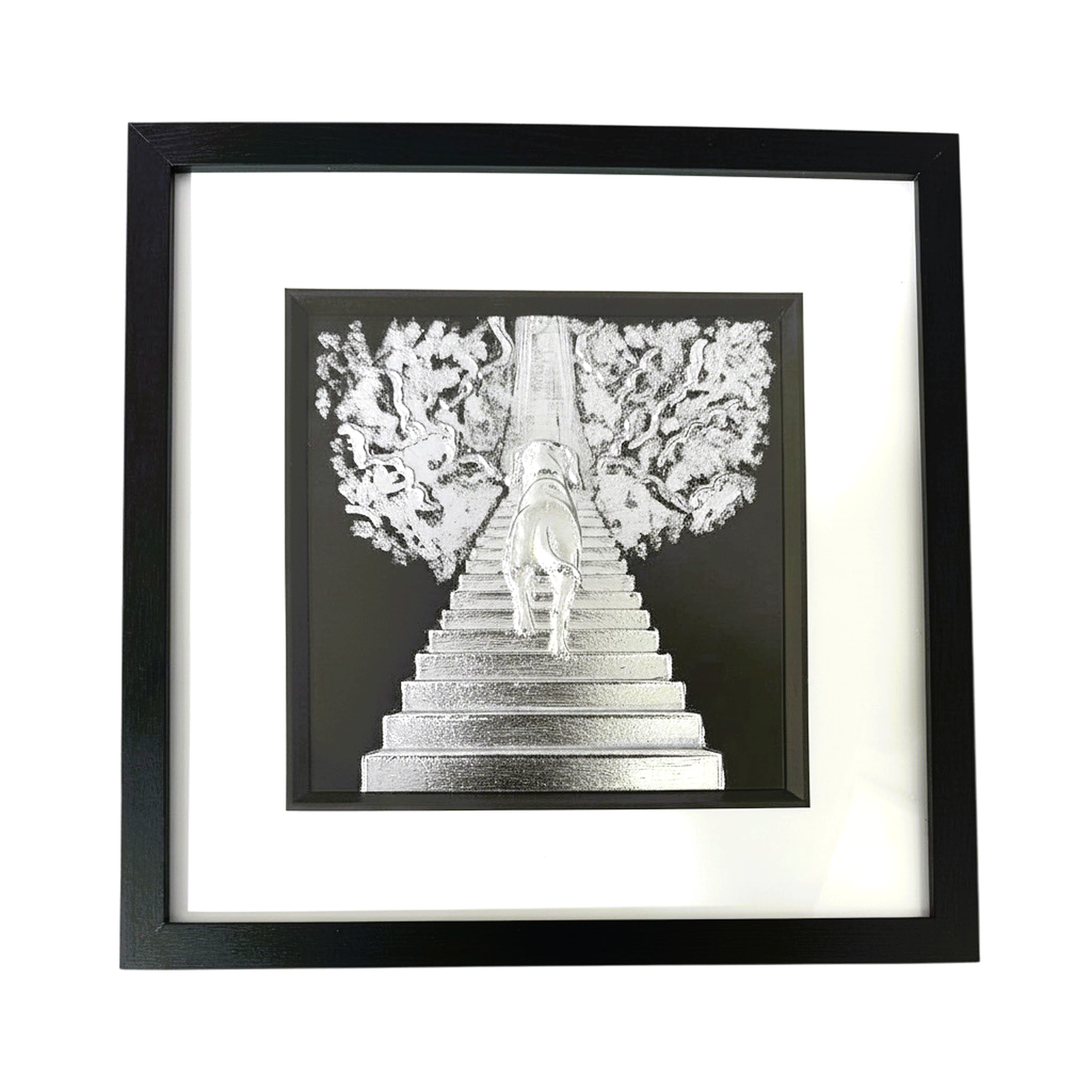 Front view of Dog Stairway to Heaven silver leaf framed wall art in black frame white mount
