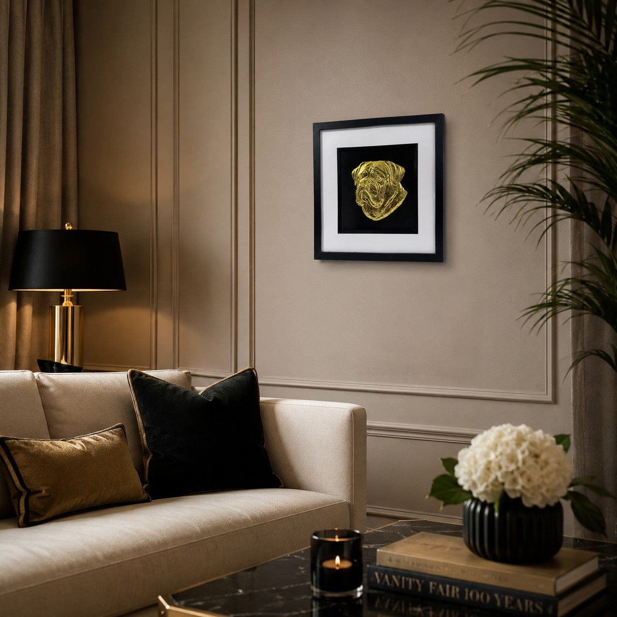 Angled lifestyle view of Dogue de Bordeaux gold 3D relief dog wall art in a black frame with white mount on a warm neutral wall.