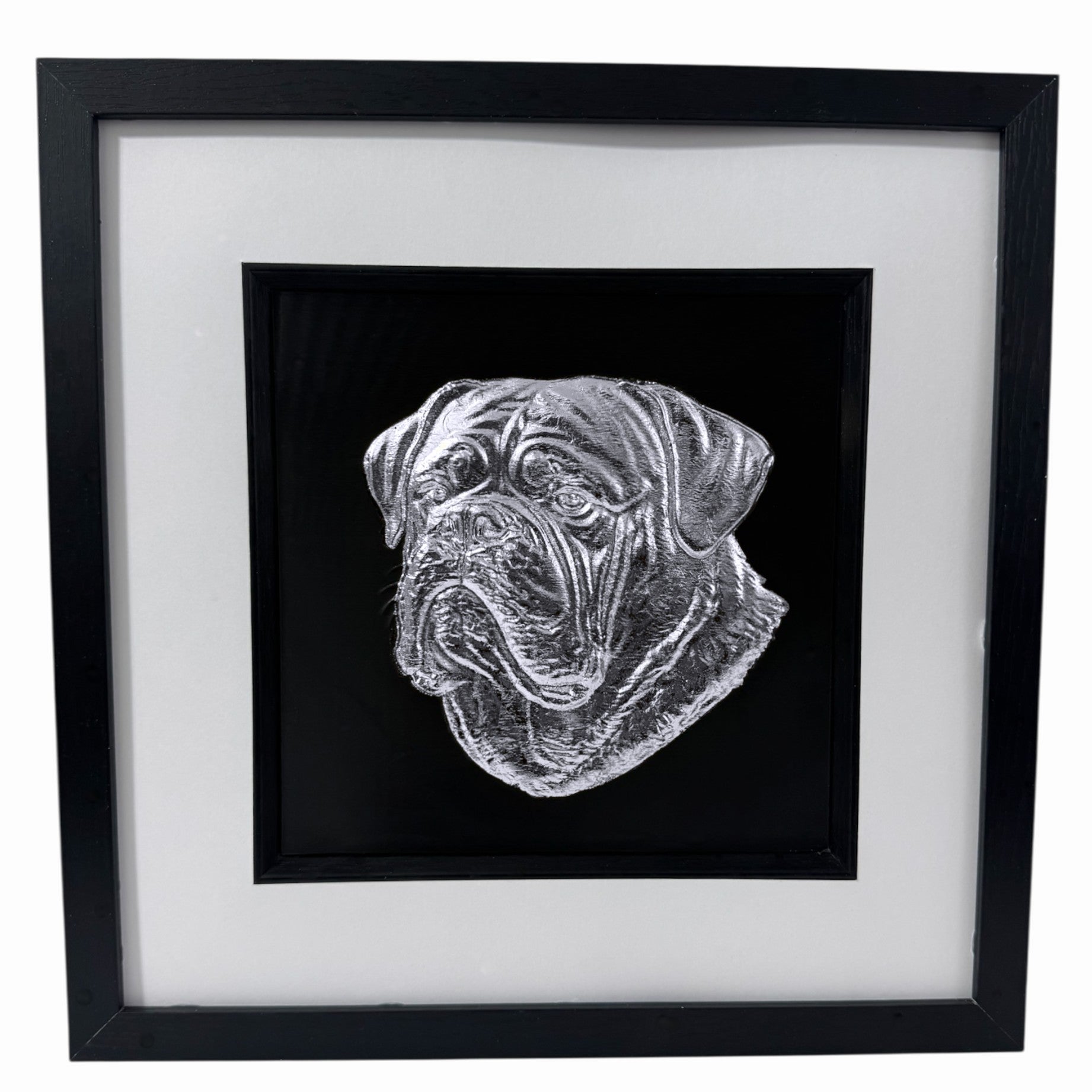 Dogue de Bordeaux pet portrait framed wall art with silver leaf detail