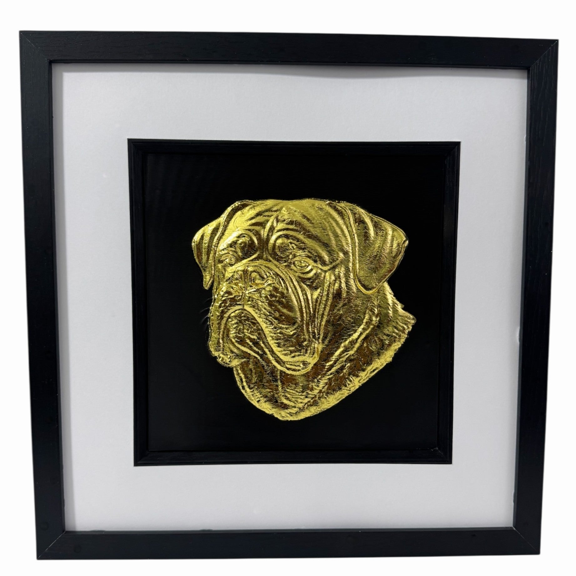 Dogue de Bordeaux framed wall art with gold leaf relief in black frame