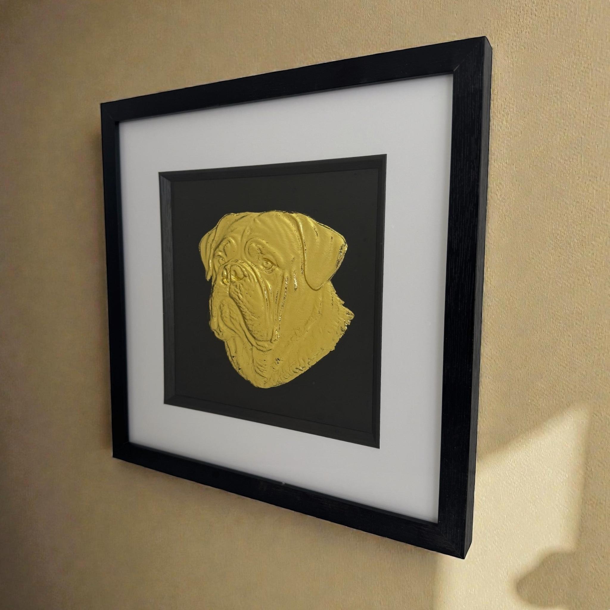 Dogue de Bordeaux dog wall art in black wooden frame with gold leaf finish on  wall