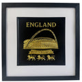 Gold England Wembley Stadium 3D relief artwork with “ENGLAND” text and “THREE LIONS” banner, front view in black frame with white mount