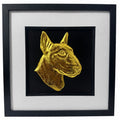 English Bull Terrier framed wall art showing a sculpted dog portrait in gold leaf, set on a black background with white mount and black wooden frame