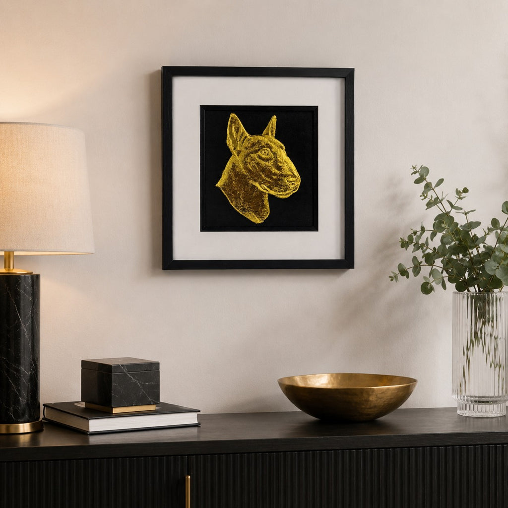 English Bull Terrier gold 3D wall art in black frame, luxury dog portrait displayed in modern home interior above black console table, handmade pet memorial décor.