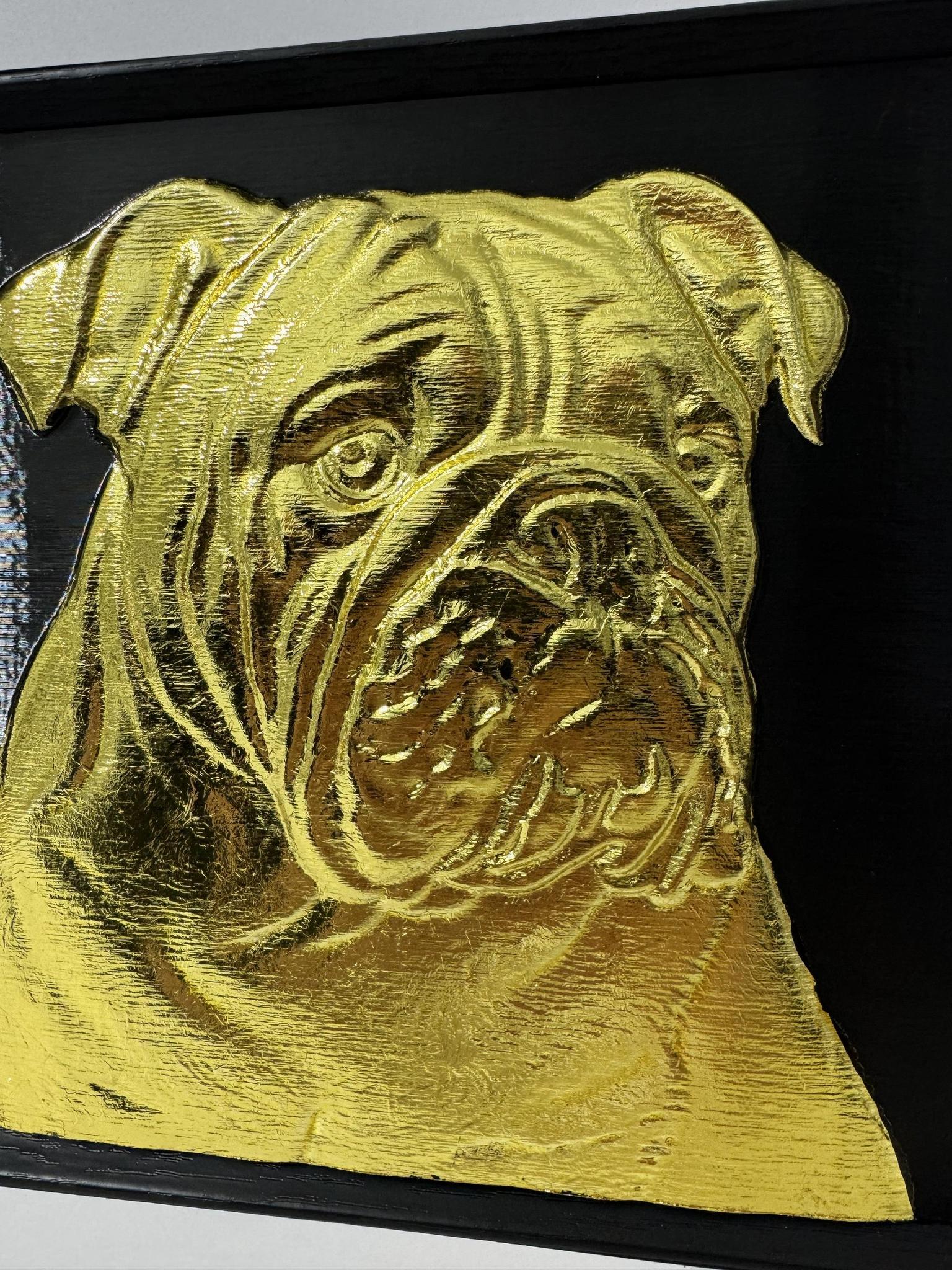 english bulldog wall art gold close up with black background