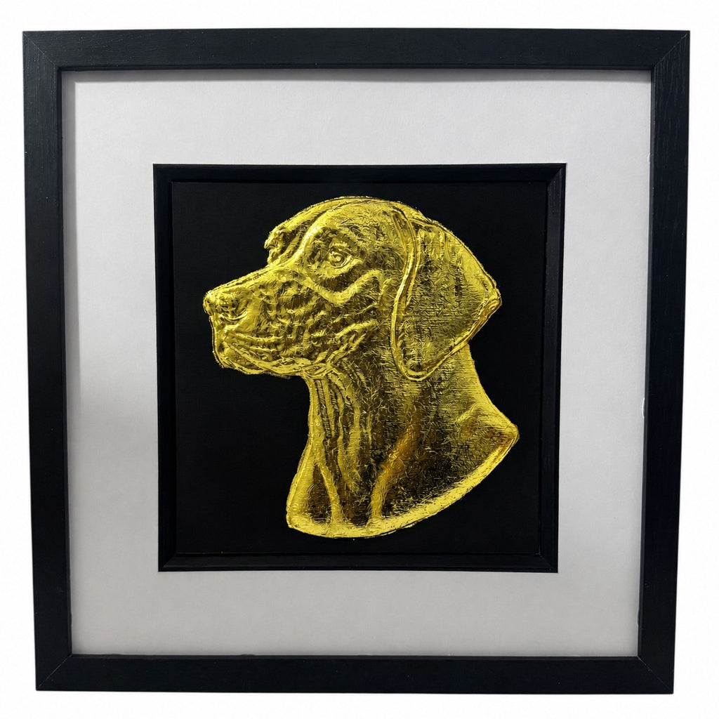 English Pointer gold leaf framed dog wall art with a black frame, white mount and black background.