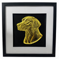 English Pointer gold leaf framed dog wall art with a black frame, white mount and black background.