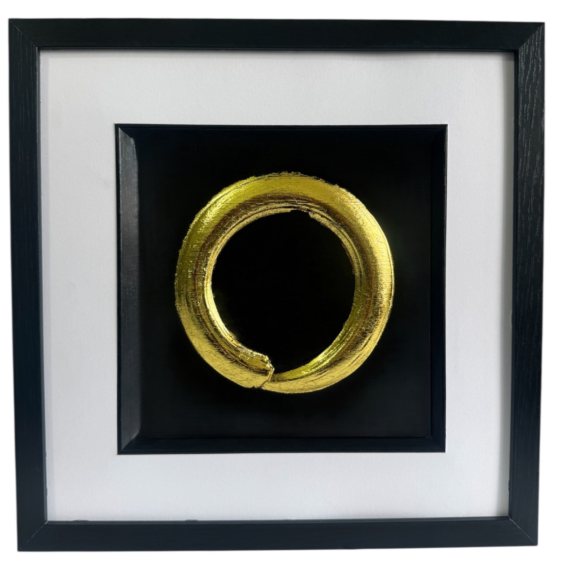 Japandi Enso Circle wall art in gold leaf with black frame and white mount