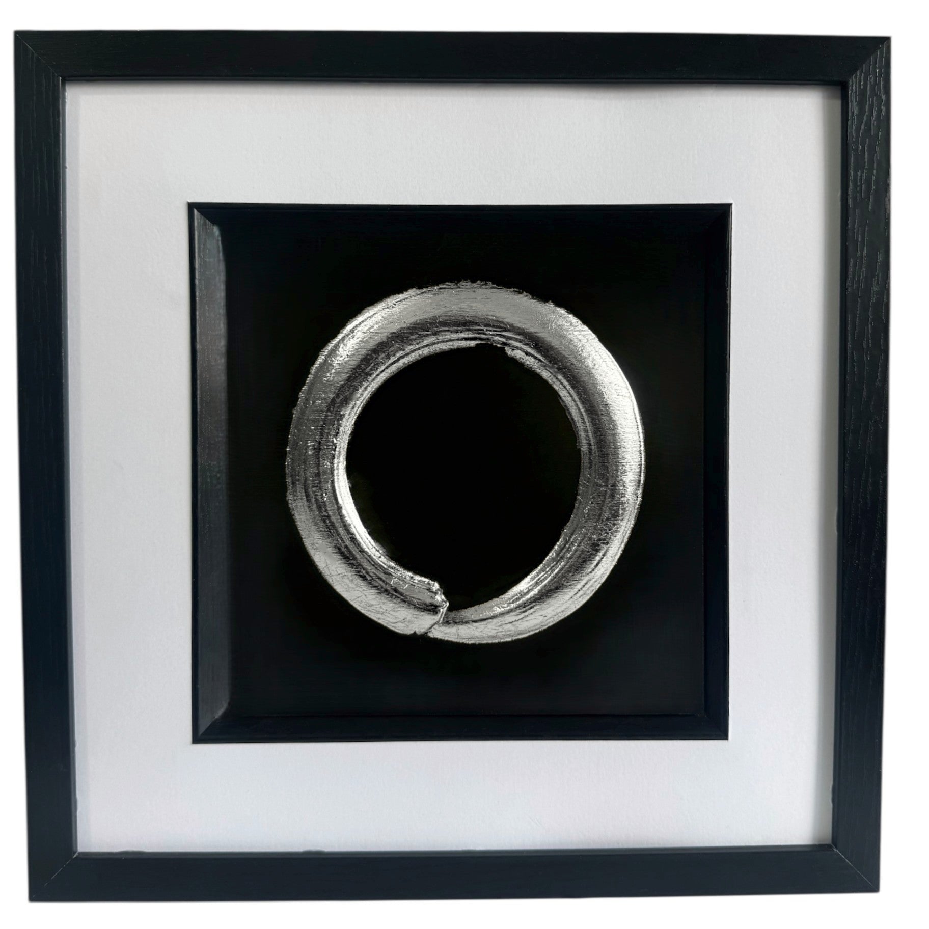 Japandi Enso Circle 3d wall art in silver leaf with black frame and white mount
