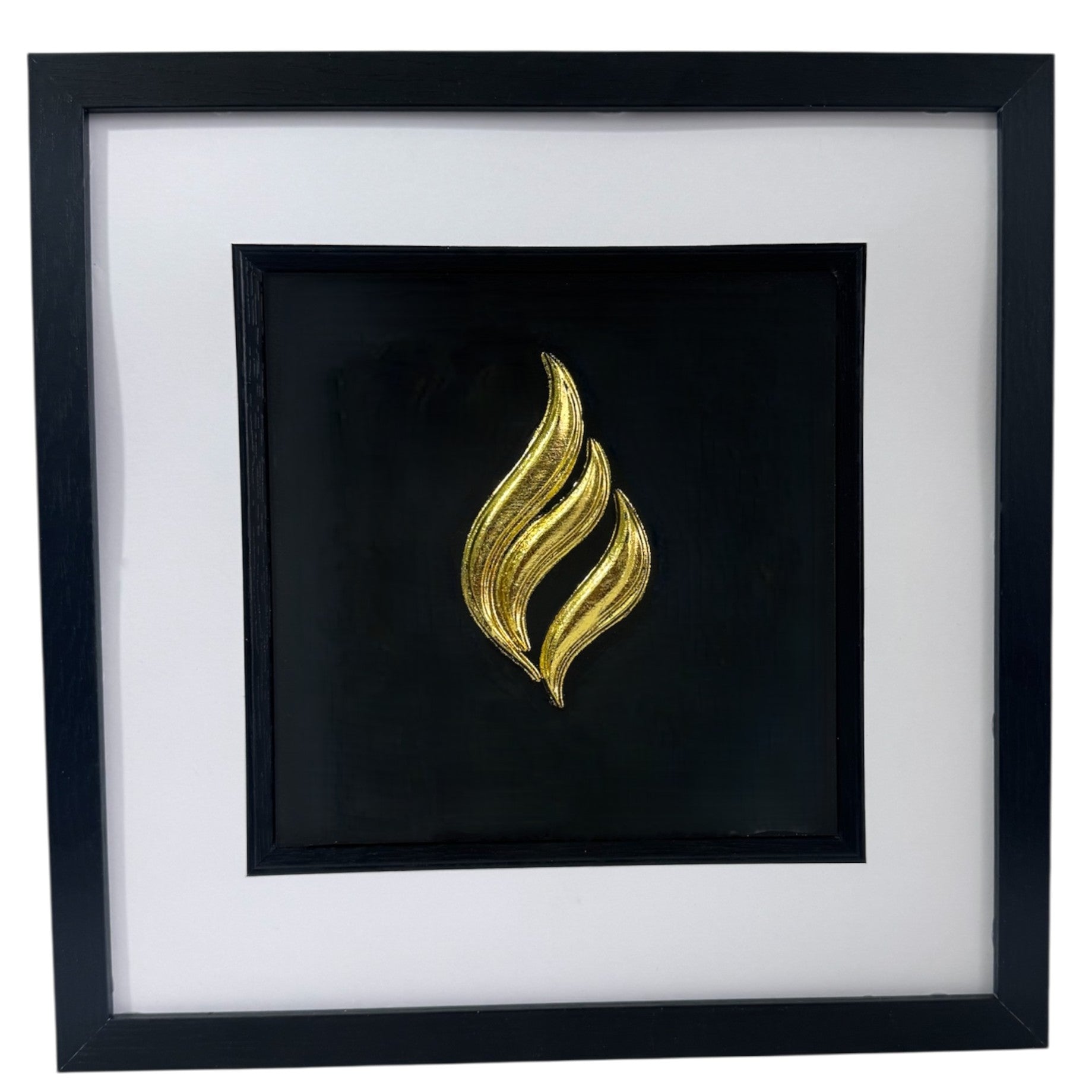 Eternal flame wall art framed in black with white mount, hand-finished in gold leaf on a black background