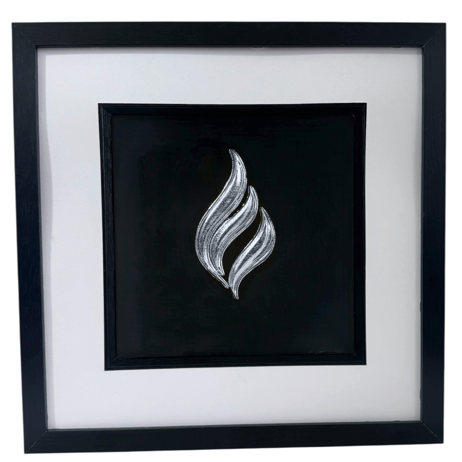 Eternal flame wall art framed in black with white mount, hand-finished in silver leaf on a black background
