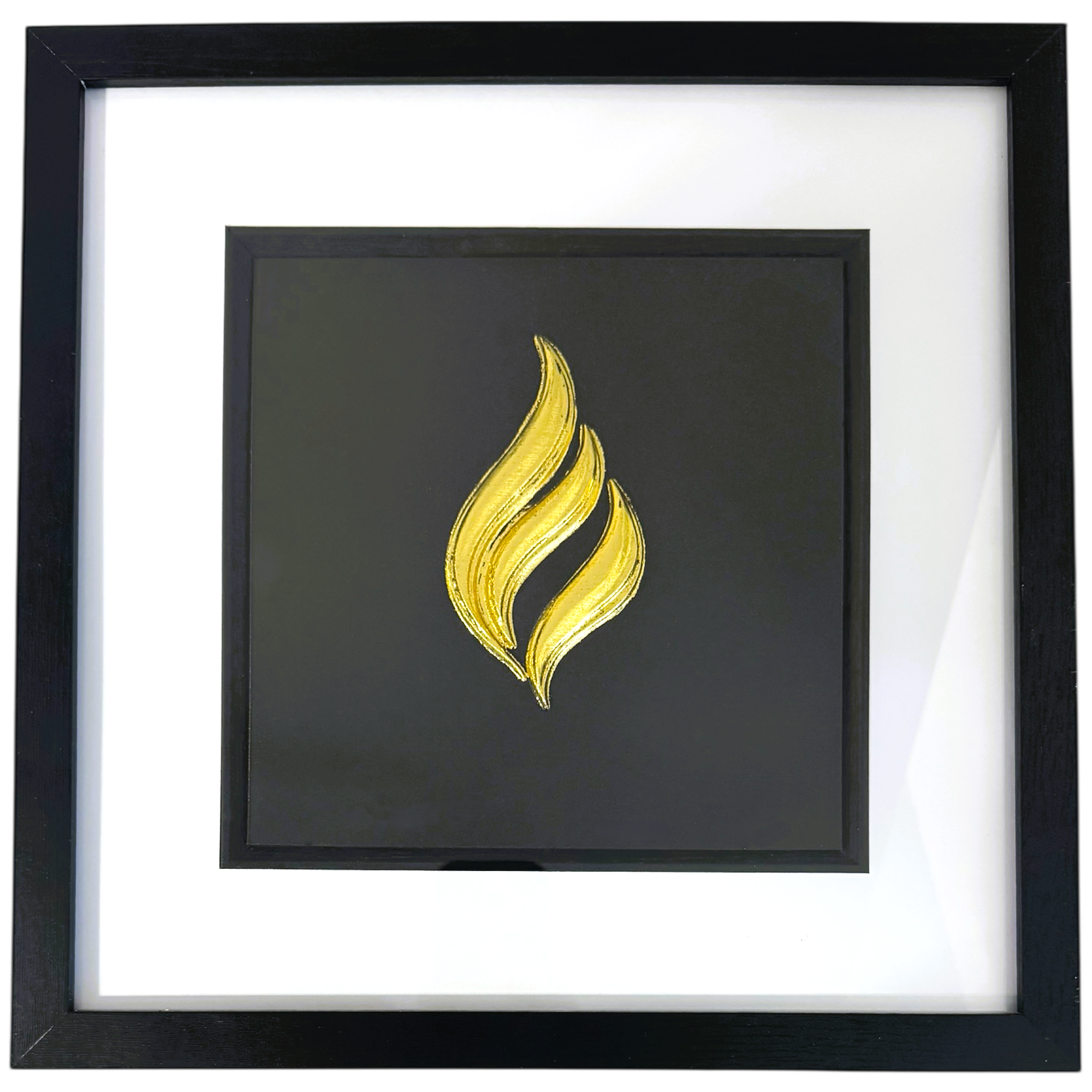 Eternal flame wall art framed in black with white mount, hand-finished in gold leaf on a black background