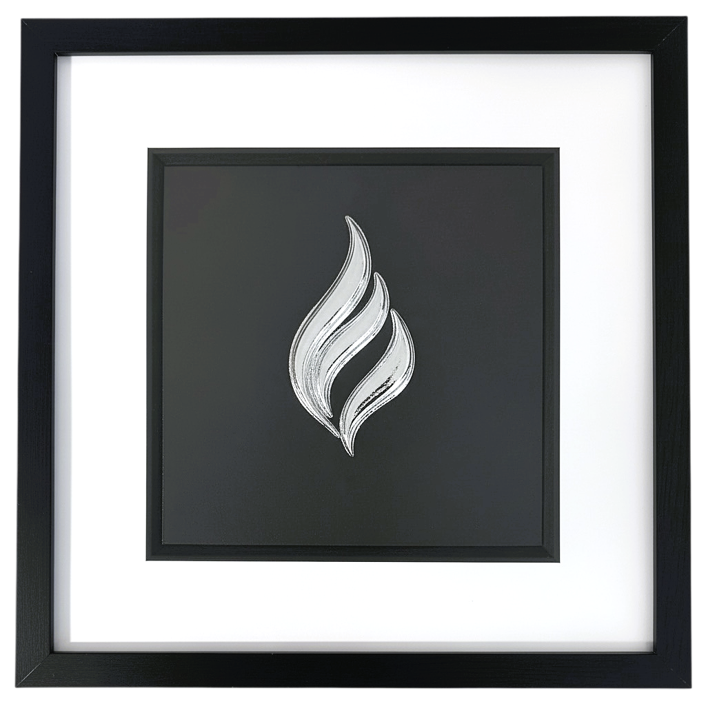 Eternal flame wall art framed in black with white mount, hand-finished in silver leaf on a black background