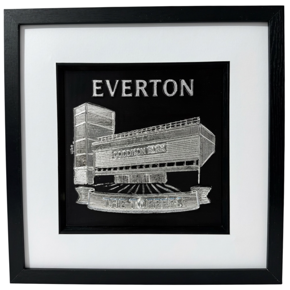 Personalised Everton Goodison Park stadium wall art in silver leaf with black frame and white mount