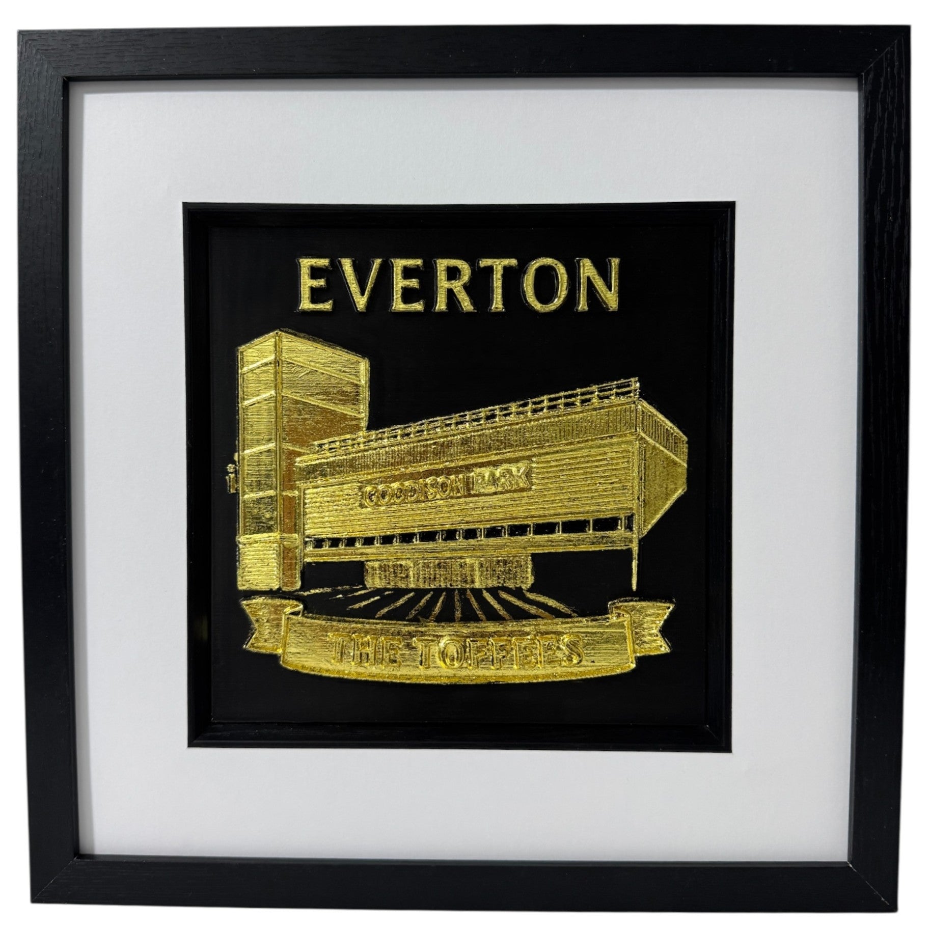 Personalised Everton Goodison Park stadium wall art in gold leaf with black frame and white mount