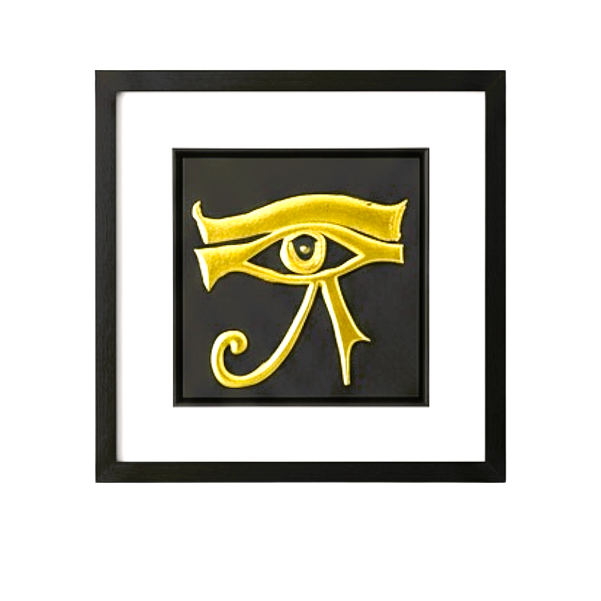 Front-facing gold leaf Eye of Horus wall art centred on a black background