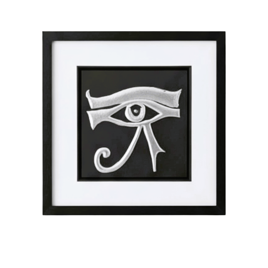 Front-facing silver leaf Eye of Horus framed wall art with black frame and white mount