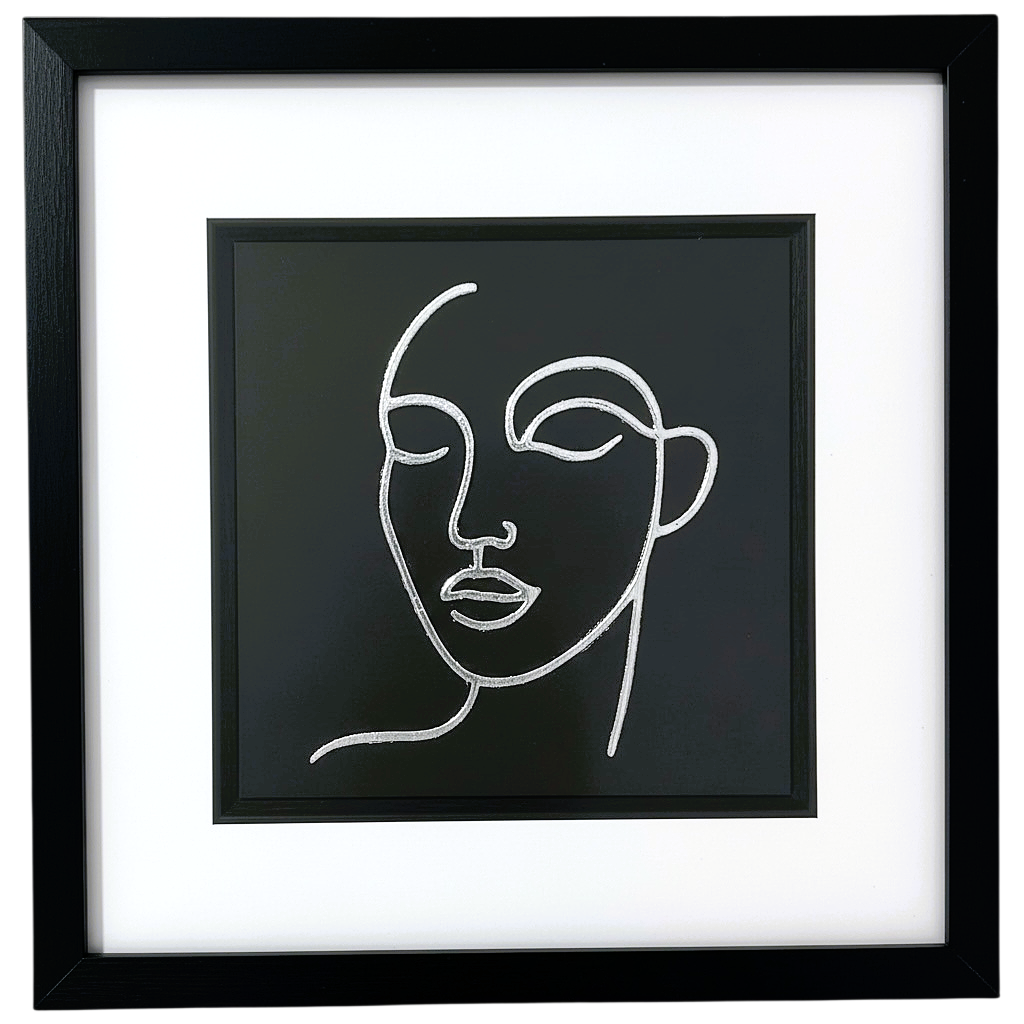 Silver leaf minimalist female face line art wall art framed and mounted