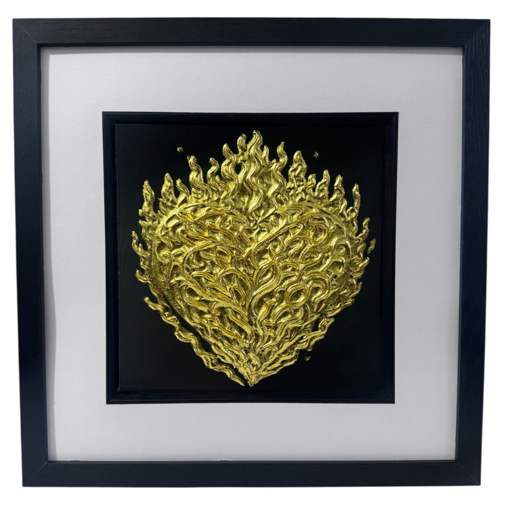 Front-facing gold leaf flaming heart framed wall art with detailed flame texture
