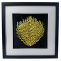 Front-facing gold leaf flaming heart framed wall art with detailed flame texture