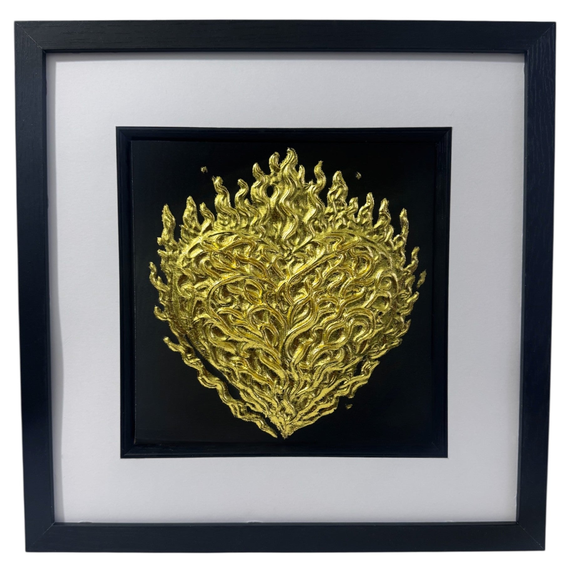 Front-facing gold leaf flaming heart framed wall art with detailed flame texture