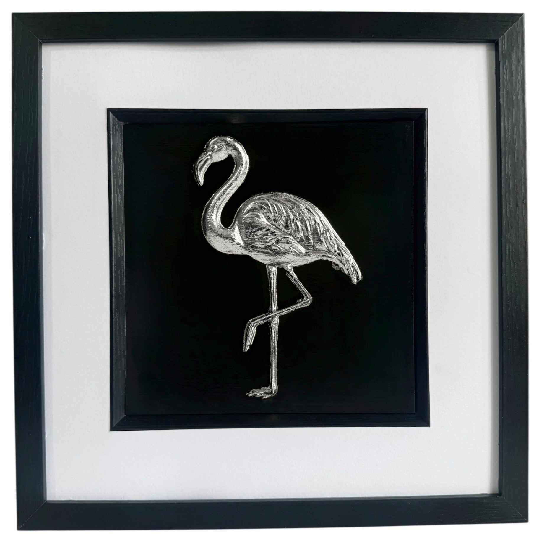 Silver flamingo wall art front view black background with white mount and black wooden frame