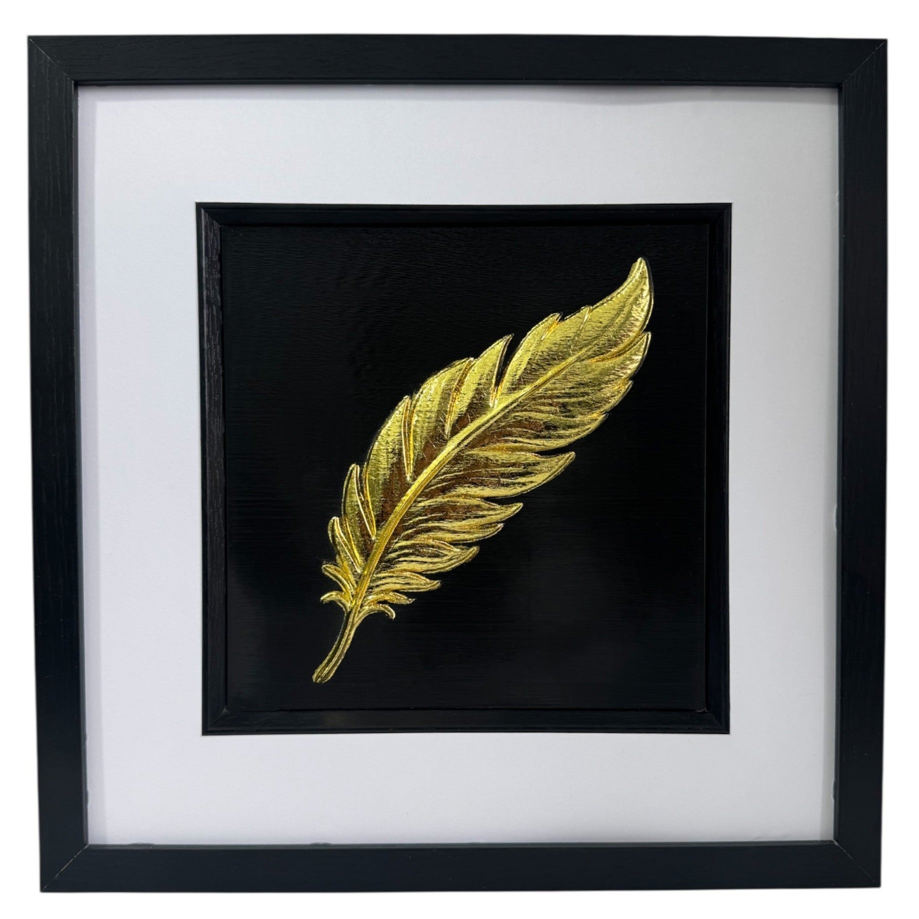 Floating feather gold leaf framed wall art on black background