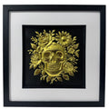 Gold leaf floral skull wall art with roses and daisies on black background