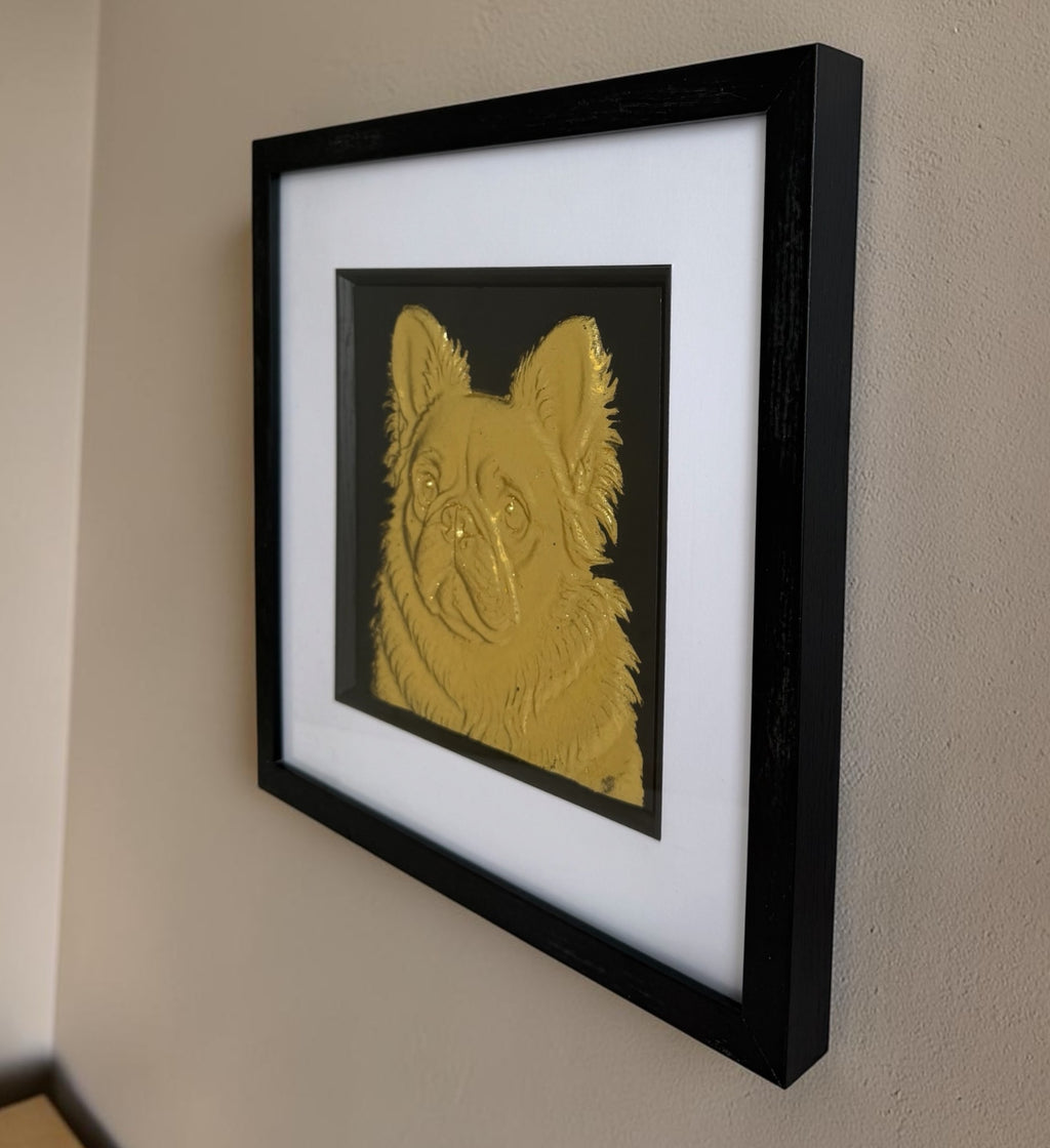 Side view of gold fluffy French Bulldog framed 3D artwork showing black box frame depth and white mount.