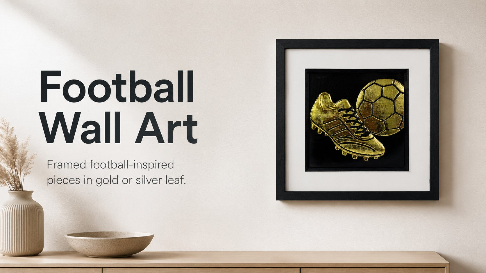 Football wall art collection banner featuring framed gold leaf football boot and ball wall art by JP Designs