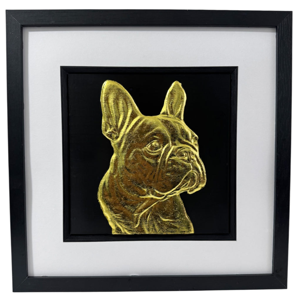 Gold French Bulldog 3D wall art in black frame with white mount, luxury framed dog portrait finished in gold leaf on black background