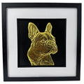 Gold French Bulldog 3D wall art in black frame with white mount, luxury framed dog portrait finished in gold leaf on black background