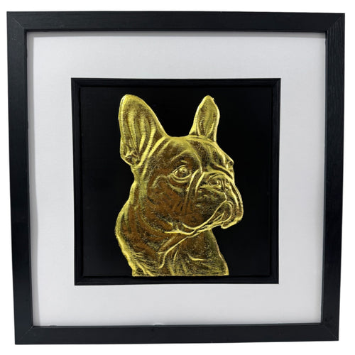Gold French Bulldog 3D wall art in black frame with white mount, luxury framed dog portrait finished in gold leaf on black background