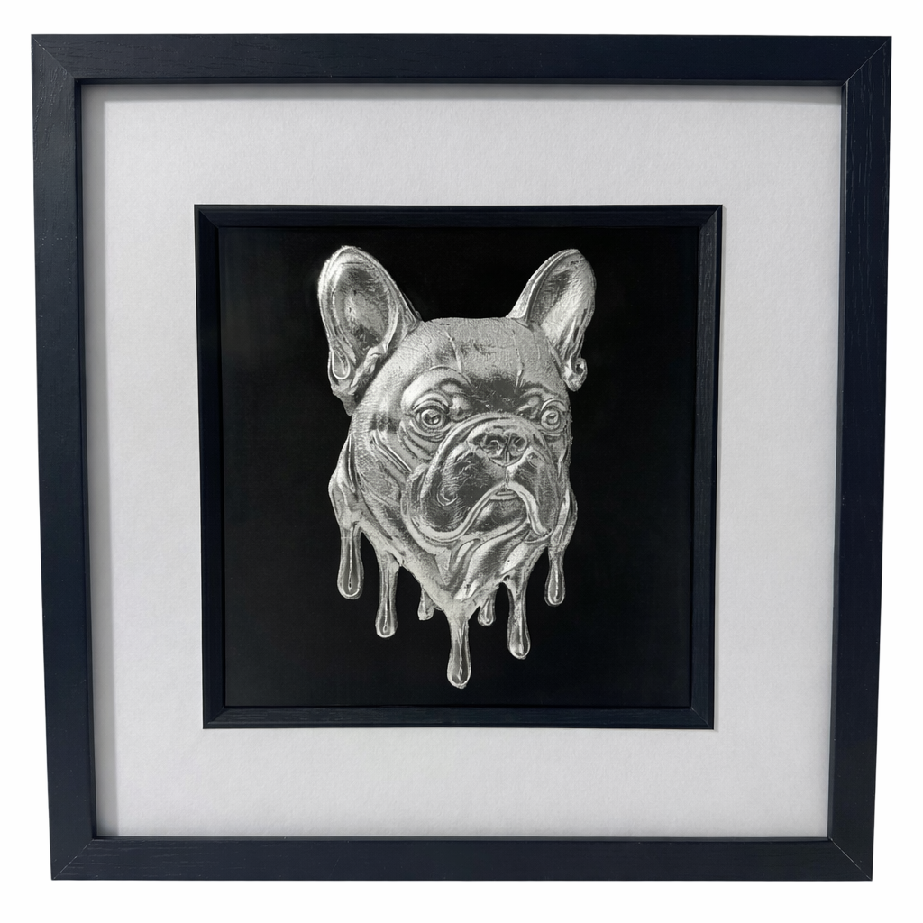 Molten French Bulldog framed wall art in silver leaf shown front on with black wooden frame white mount and black background