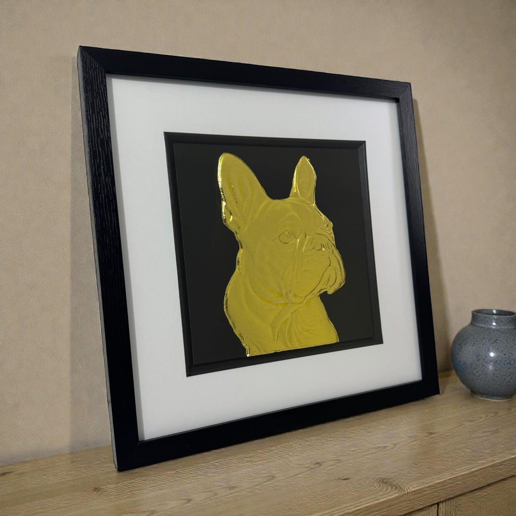 Gold French Bulldog framed 3d wall art displayed on shelf, luxury dog portrait with gold leaf finish and black frame