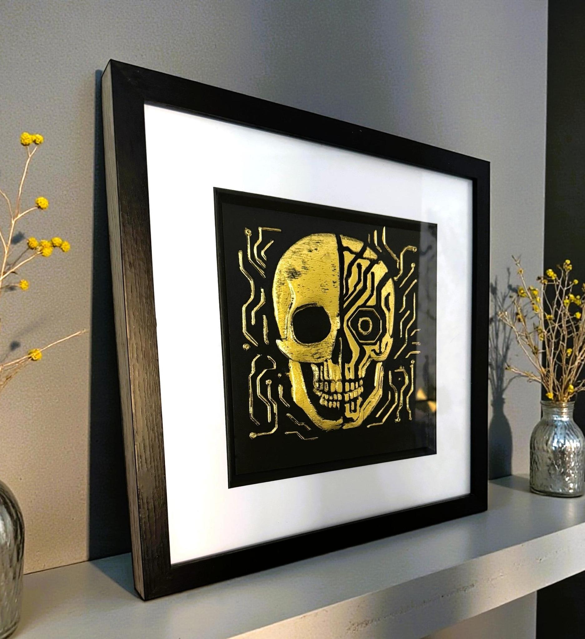 Angled view of futuristic mechanical skull wall art showing depth and frame