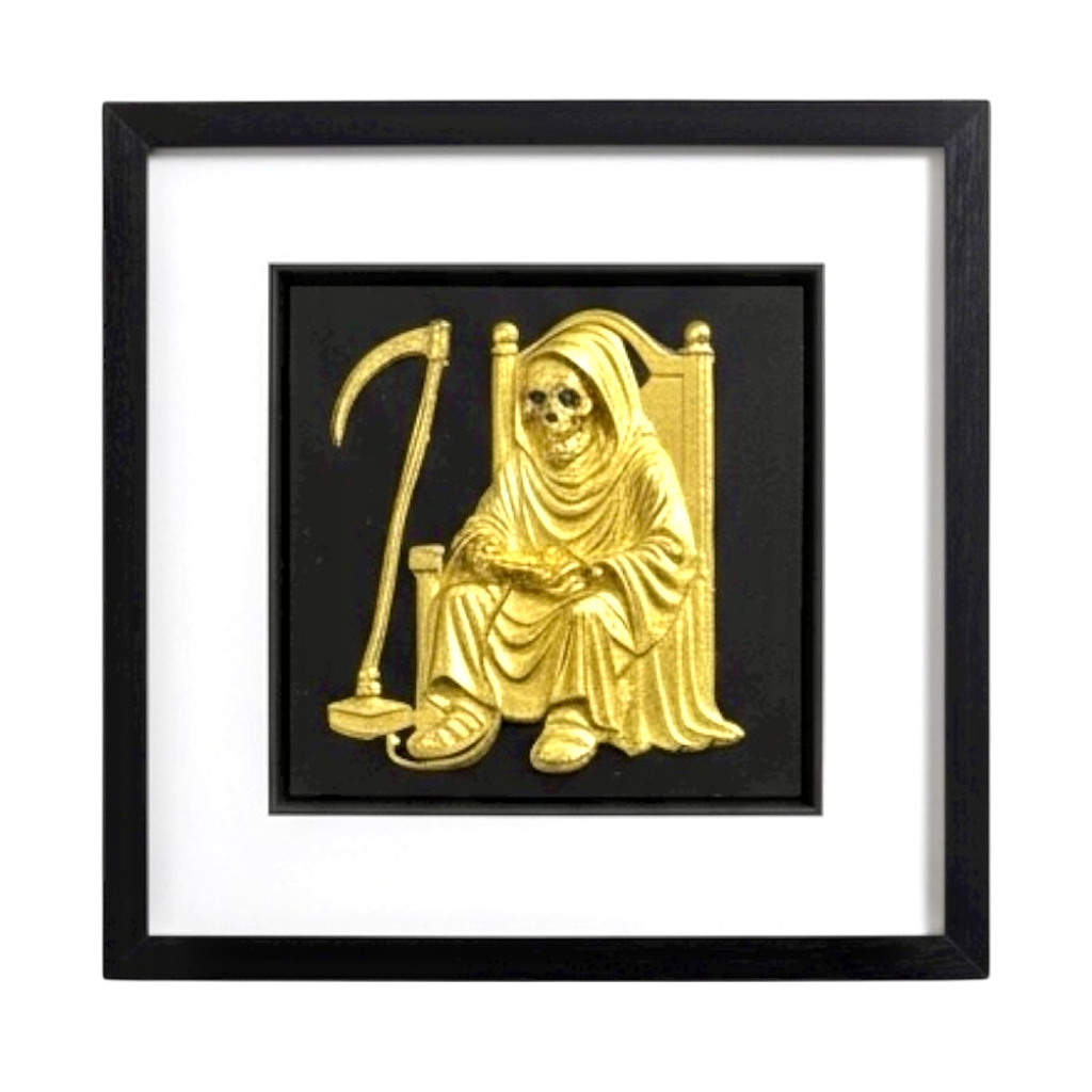 Gold leaf Grim Reaper playing video game wall art on black background