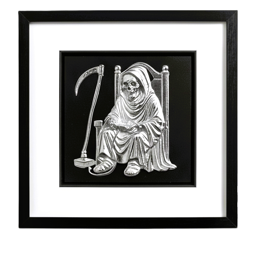 Silver leaf Grim Reaper playing video game wall art framed in black wood