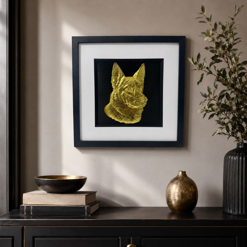 German Shepherd gold leaf framed wall art styled in a modern neutral home interior with black frame, white mount, and luxury gold accents.