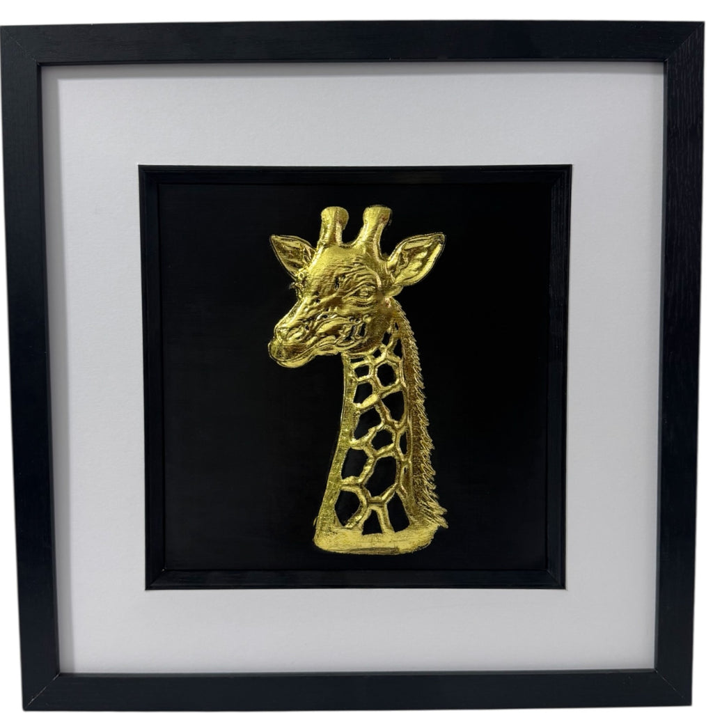 Giraffe wall art framed 3D relief in gold leaf on a deep black background with white mount, black and gold wall art.