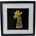 Giraffe wall art framed 3D relief in gold leaf on a deep black background with white mount, black and gold wall art.