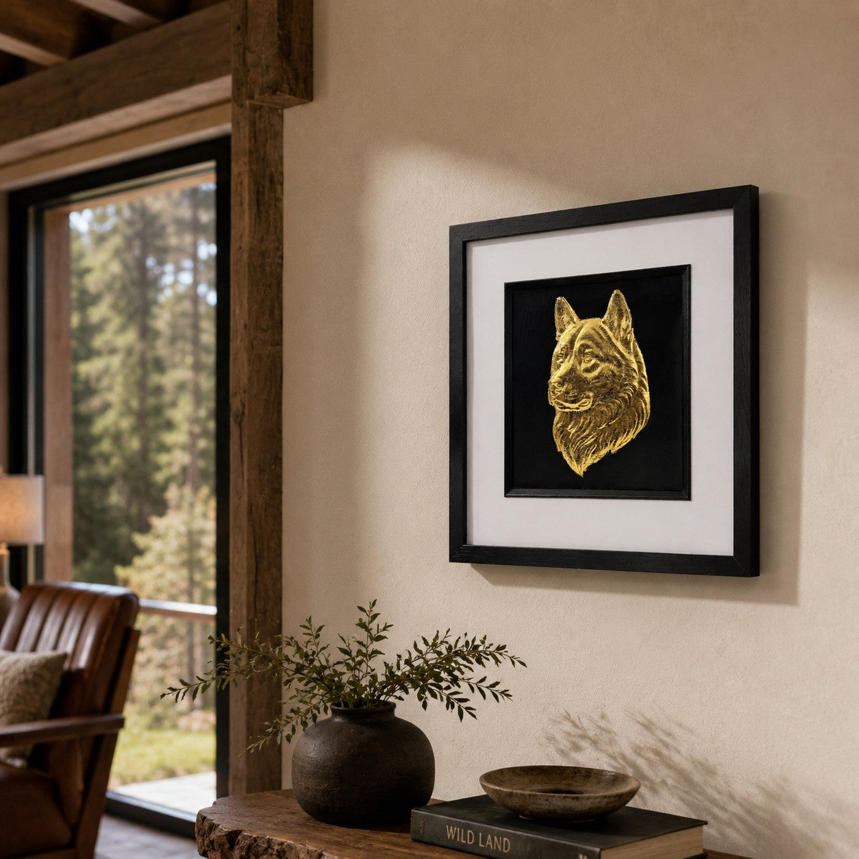 Angled lifestyle view of gold Akita dog portrait wall art hung on a neutral wall with natural wood accents, greenery and warm rustic interior styling.
